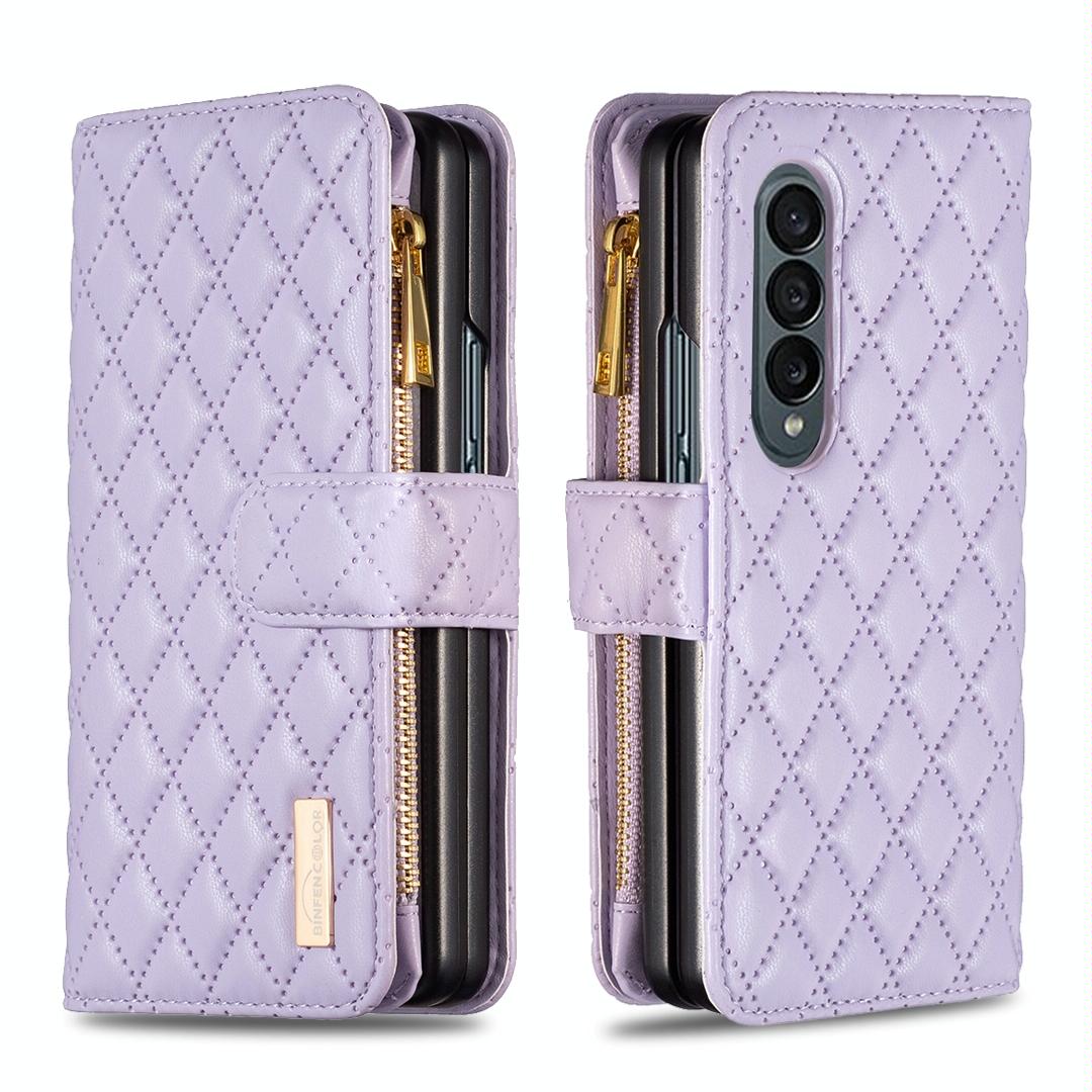 For Samsung Galaxy Z Fold4 5G Leather Zip Wallet - Diamond Lattice Design - Pink 8