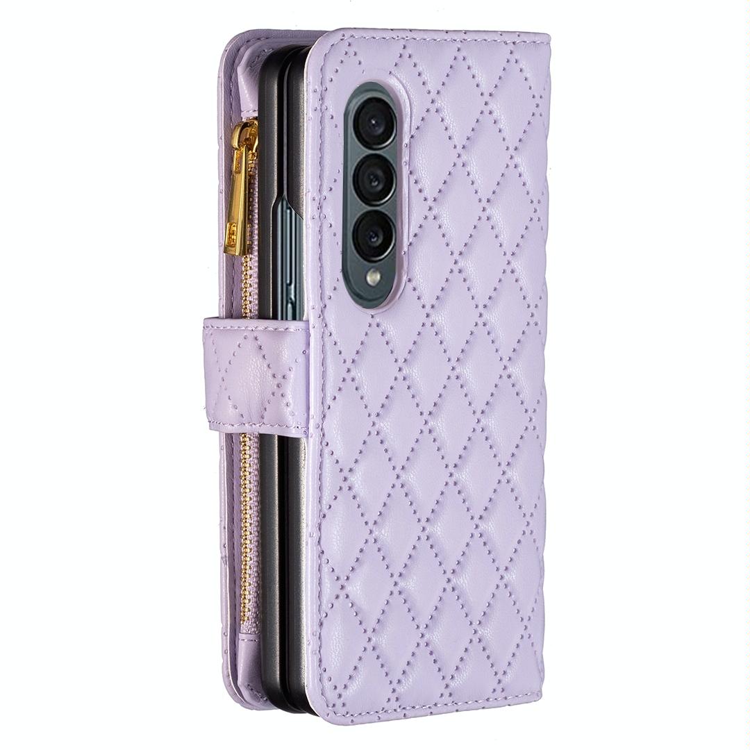 For Samsung Galaxy Z Fold4 5G Leather Zip Wallet - Diamond Lattice Design - Pink 9