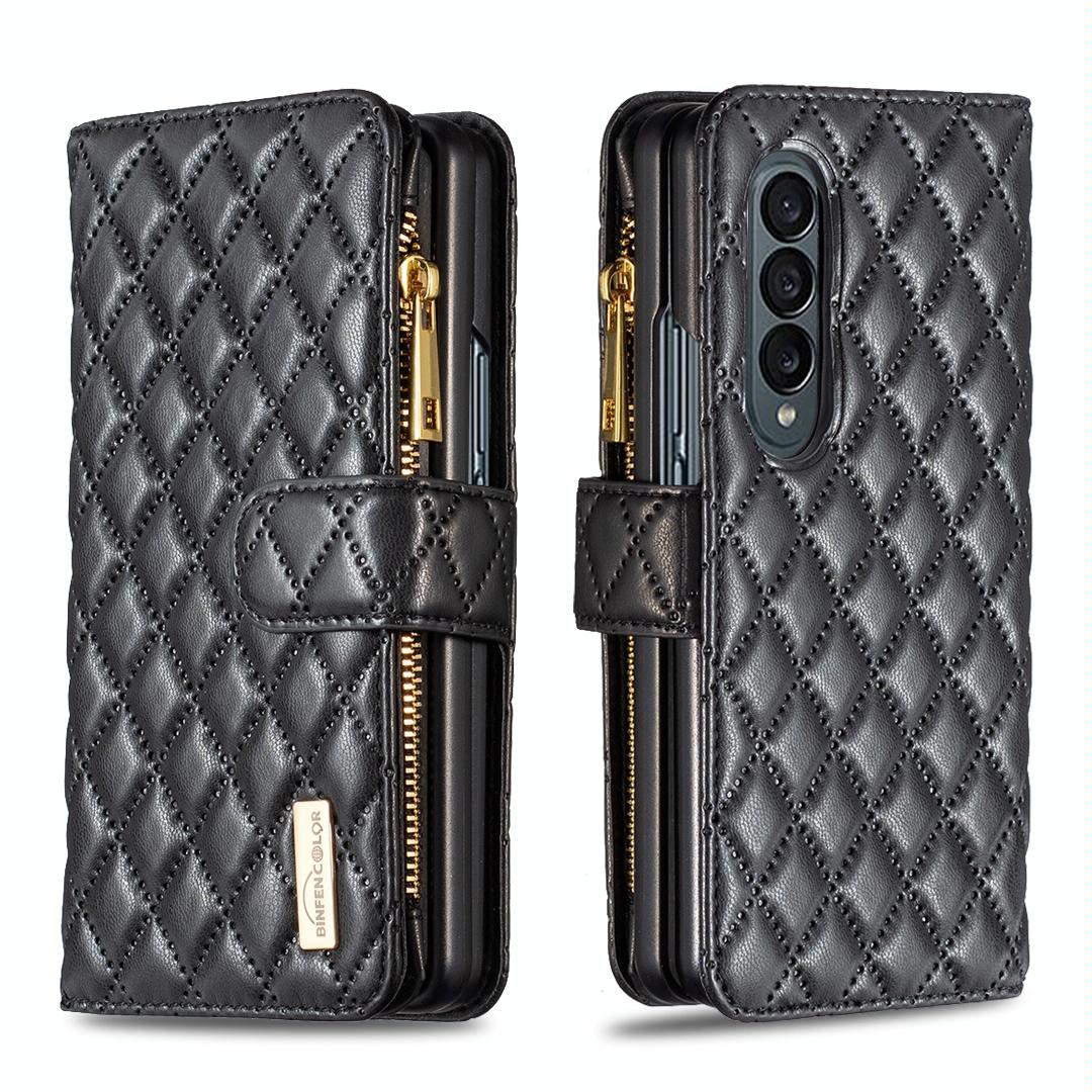 For Samsung Galaxy Z Fold4 5G Leather Zip Wallet - Diamond Lattice Design - Pink 13