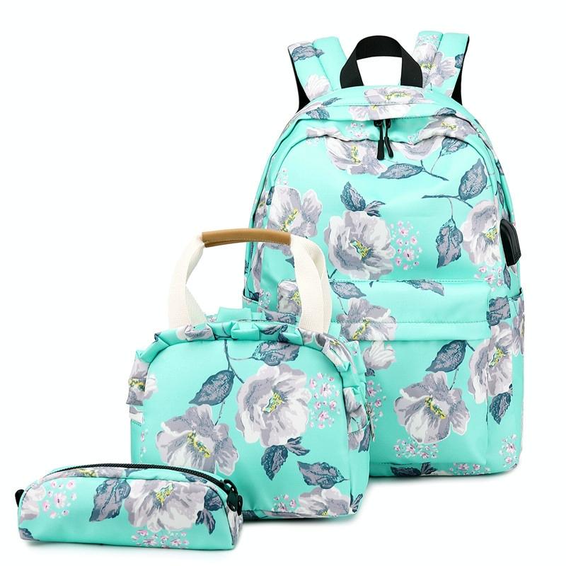 Small Fresh Printed Backpack Set - 3 Pieces for Students - Dark Blue 9