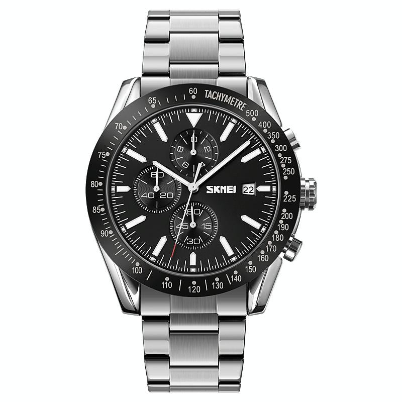 Stainless Steel Strap Quartz Watch for Men with Date and Six Pin Design - Silver Black