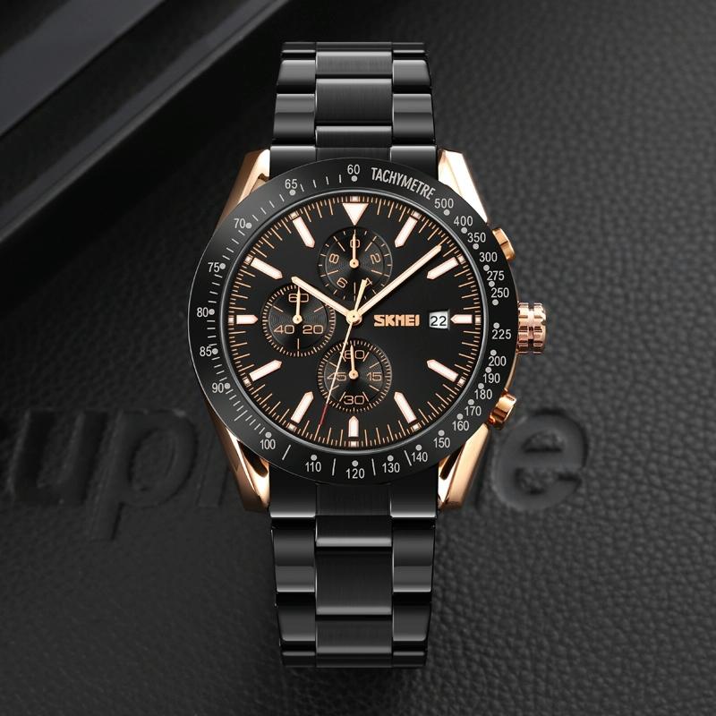 Stainless Steel Strap Quartz Watch for Men with Date and Six Pin Design - Silver Black 6