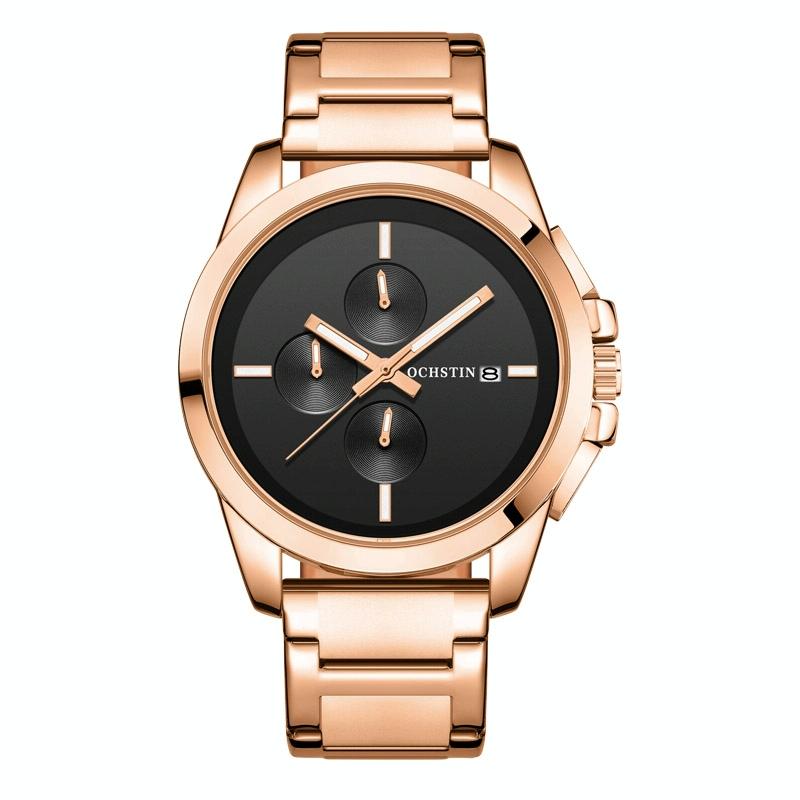 Men Pilot Series Multifunctional Quartz Watch with Steel Band - Black + Rose Gold
