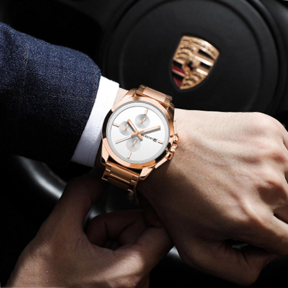 Men Pilot Series Multifunctional Quartz Watch with Steel Band - Black + Rose Gold 8
