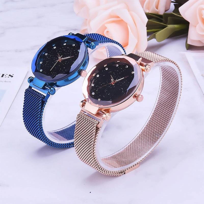 Starry Diamond Geometric Quartz Watch with Magnet Buckle - Luxury Mesh for Women - Black 8