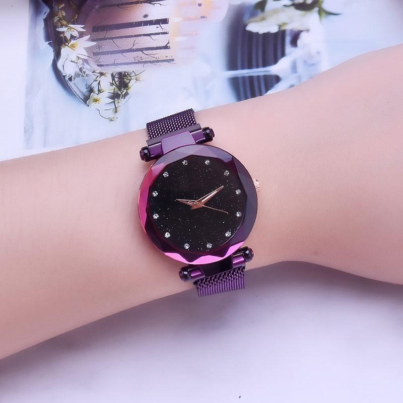 Starry Diamond Geometric Quartz Watch with Magnet Buckle - Luxury Mesh for Women - Black 9