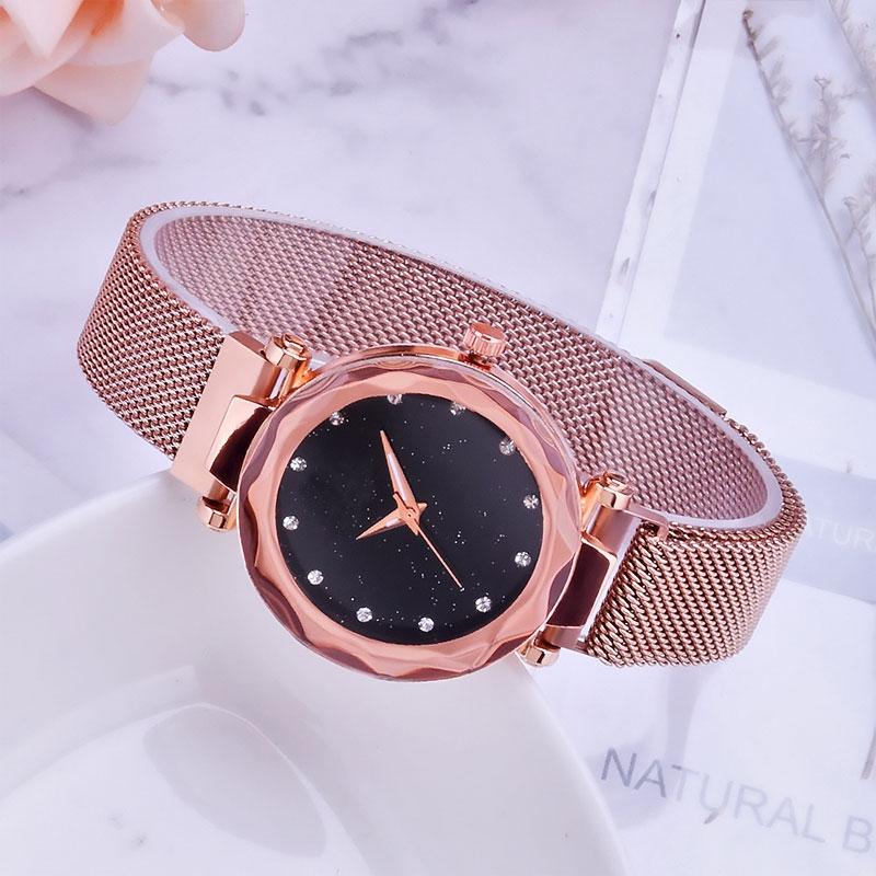Starry Diamond Geometric Quartz Watch with Magnet Buckle - Luxury Mesh for Women - Black 14