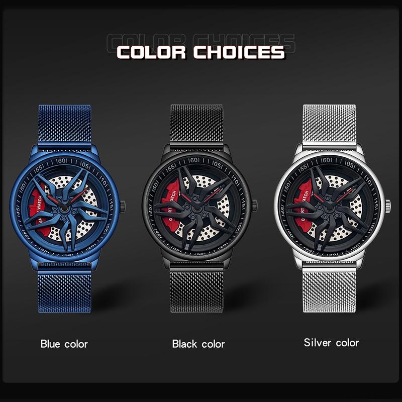 Men 360 Degree Hollow Dial Mesh Strap Quartz Watch - Spinning Design - Blue 3
