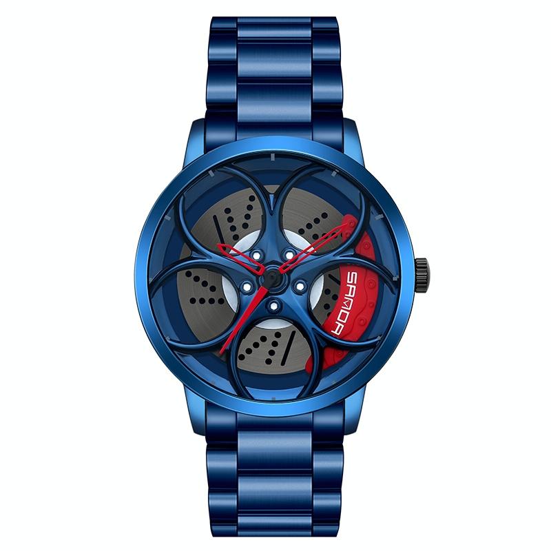 Men Steel Belt Quartz Watch with 3d Oval Hollow out Wheel - Blue Red