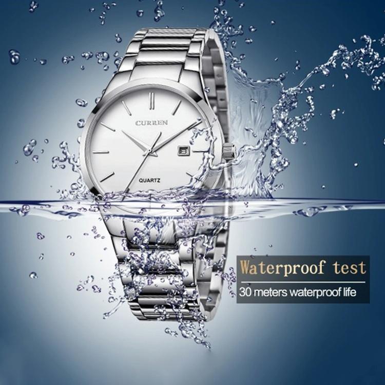 Waterproof Full Steel Quartz Watch - Fashion Business Calendar - Black Case White Face 7