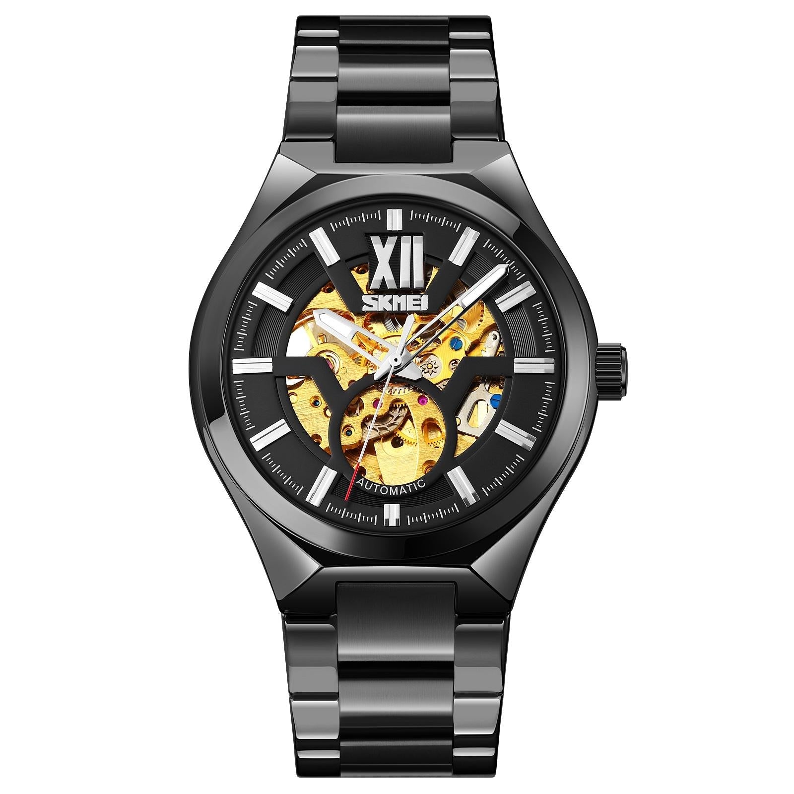 Men Automatic Mechanical Watch with Two-tone Stainless Steel Strap - Silver Shell Black Surface 6