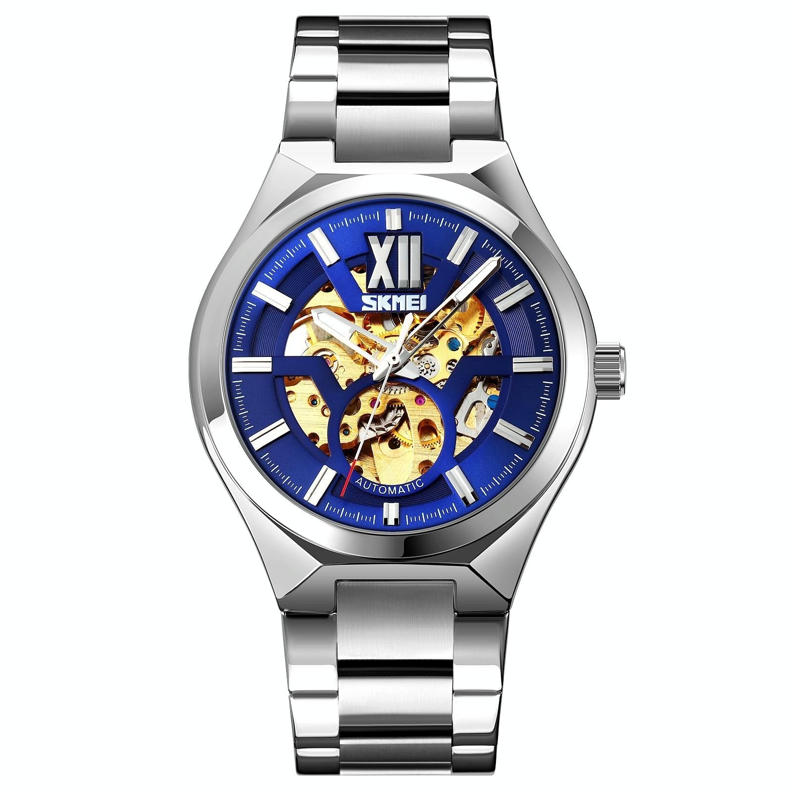 Men Automatic Mechanical Watch with Two-tone Stainless Steel Strap - Silver Shell Black Surface 7