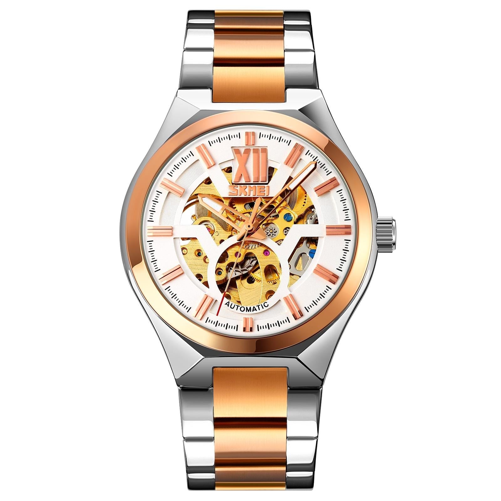 Men Automatic Mechanical Watch with Two-tone Stainless Steel Strap - Silver Shell Black Surface 9