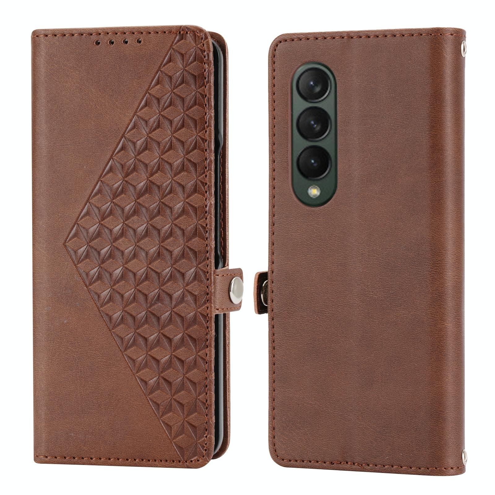For Samsung Galaxy Z Fold4 5G Textured Leather Phone Case - Cubic Grid Design - Brown 3