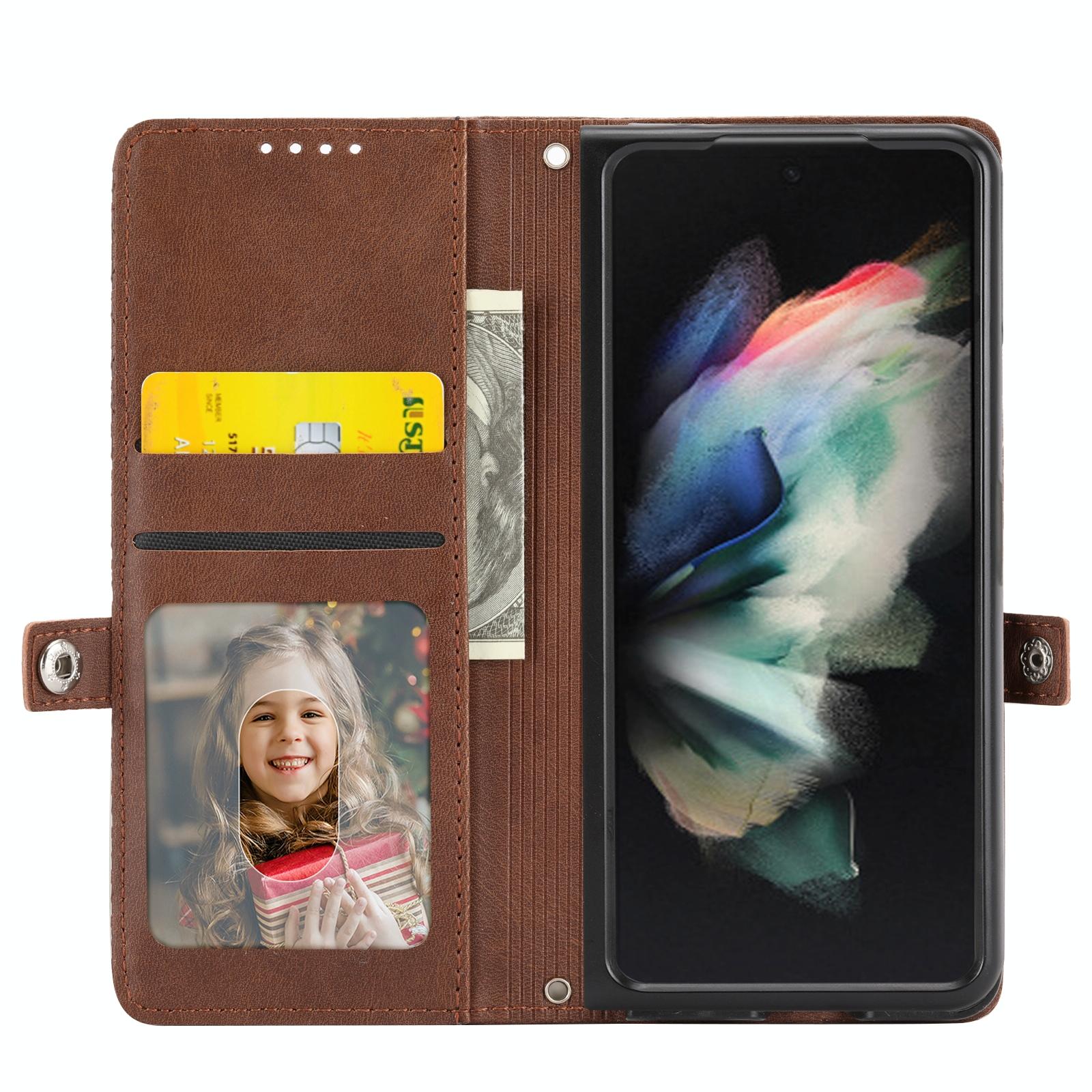 For Samsung Galaxy Z Fold4 5G Textured Leather Phone Case - Cubic Grid Design - Brown 4