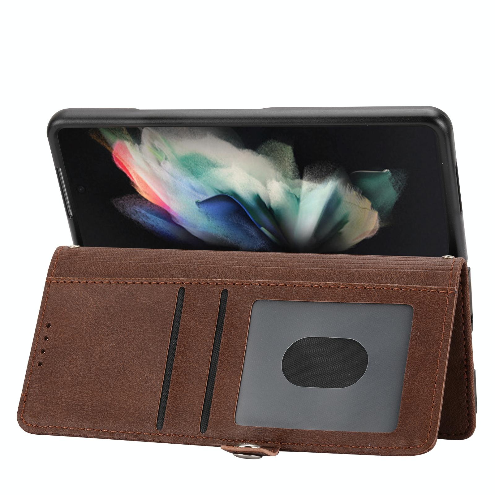 For Samsung Galaxy Z Fold4 5G Textured Leather Phone Case - Cubic Grid Design - Brown 6