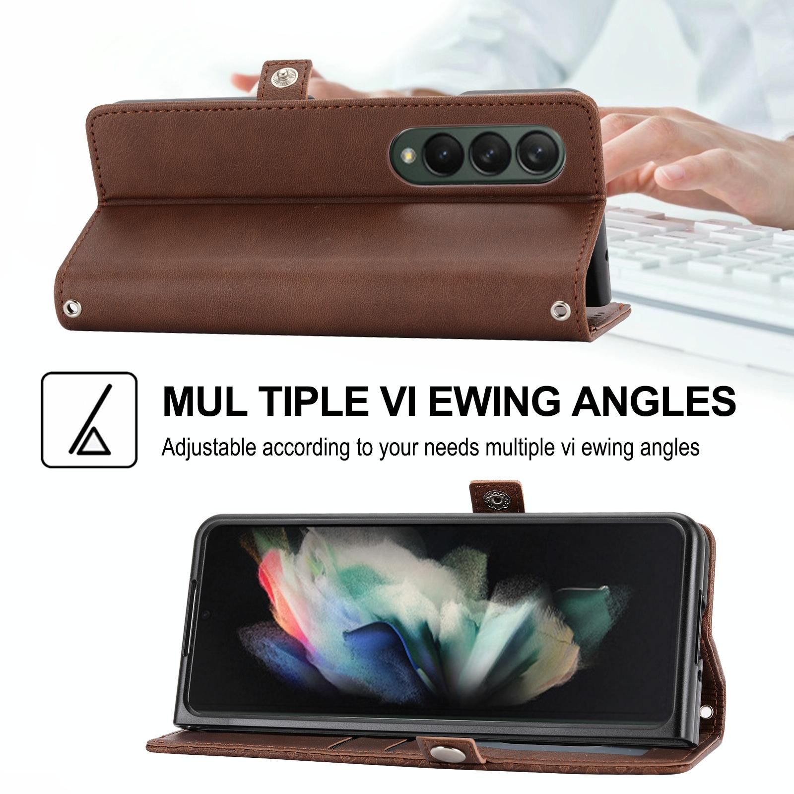 For Samsung Galaxy Z Fold4 5G Textured Leather Phone Case - Cubic Grid Design - Brown 7