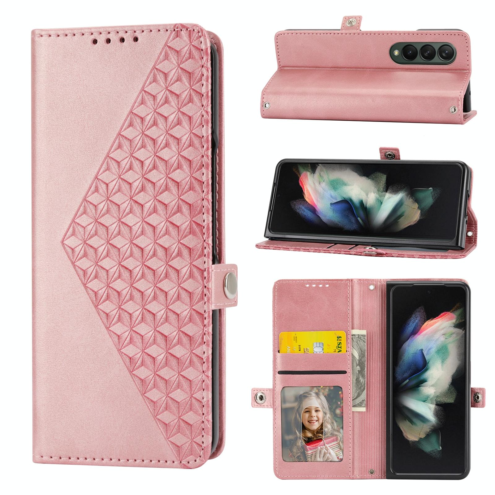 For Samsung Galaxy Z Fold4 5G Textured Leather Phone Case - Cubic Grid Design - Brown 8