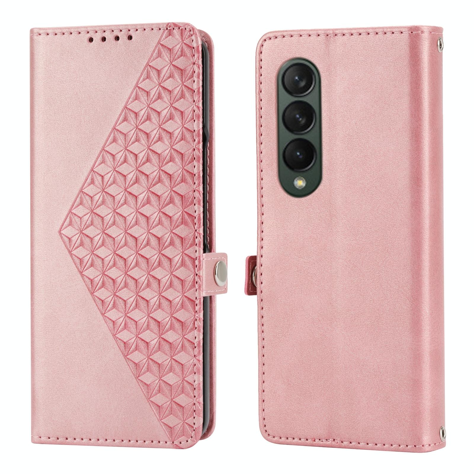 For Samsung Galaxy Z Fold4 5G Textured Leather Phone Case - Cubic Grid Design - Brown 9