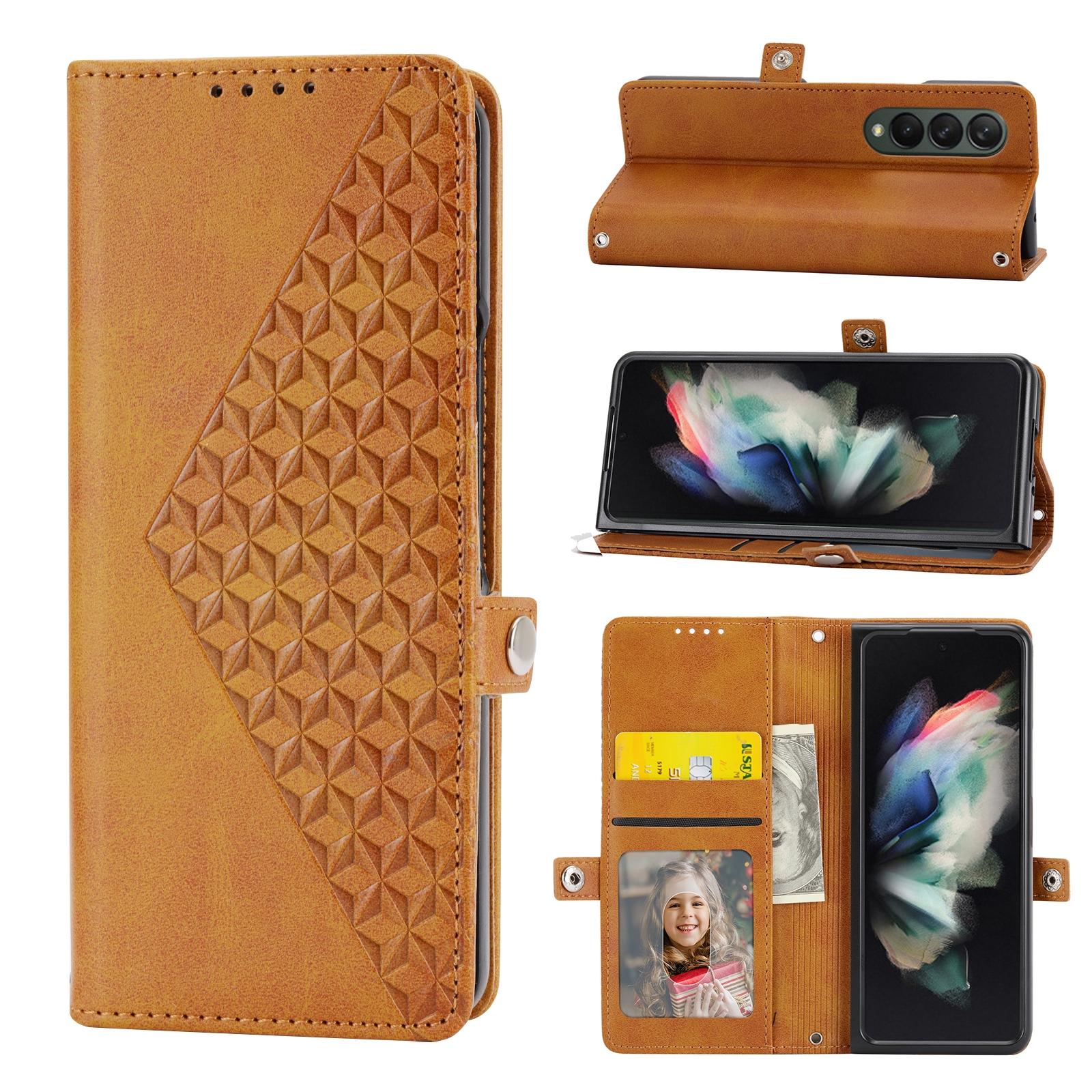 For Samsung Galaxy Z Fold4 5G Textured Leather Phone Case - Cubic Grid Design - Brown 13