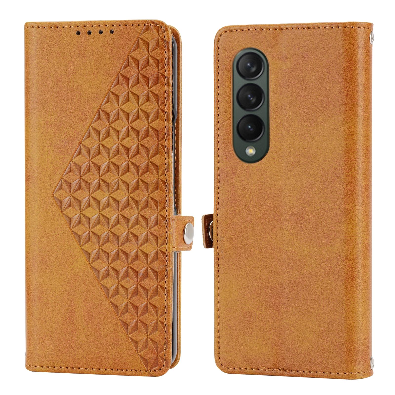 For Samsung Galaxy Z Fold4 5G Textured Leather Phone Case - Cubic Grid Design - Brown 14