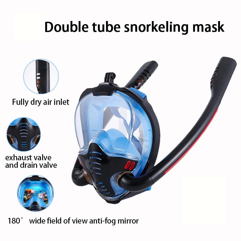 Full Dry Silicone Diving Mask for Adults - Double Tube - White/Blue 13