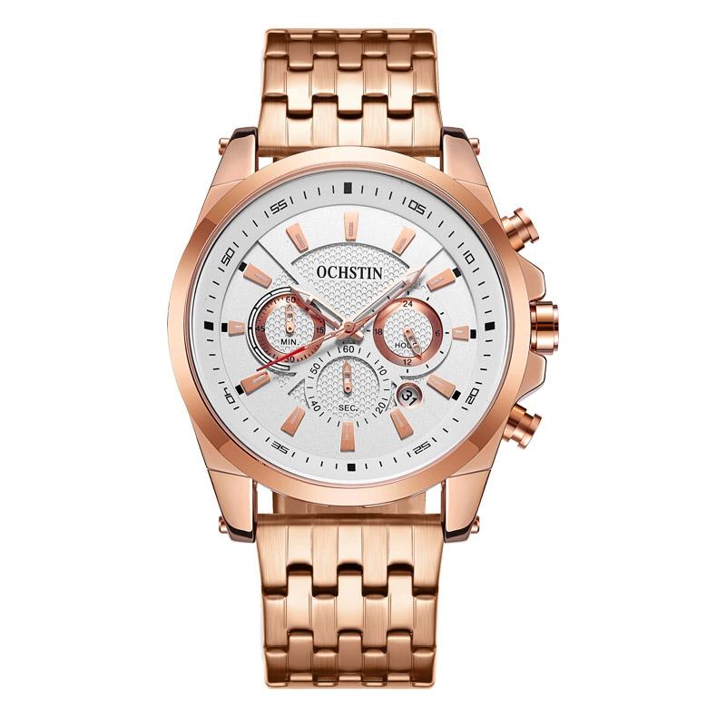 Multifunctional Steel Strap Men Watch - Fashionable Quartz - Rose Gold Blue