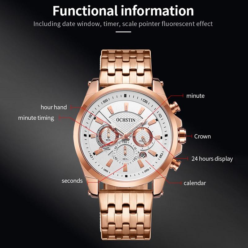 Multifunctional Steel Strap Men Watch - Fashionable Quartz - Rose Gold Blue 4