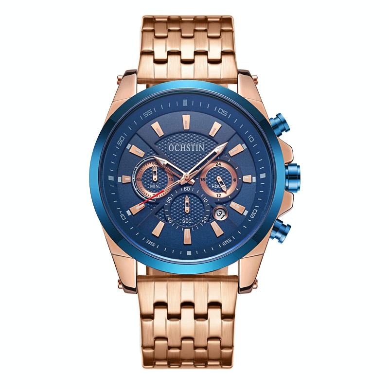 Multifunctional Steel Strap Men Watch - Fashionable Quartz - Rose Gold Blue 9