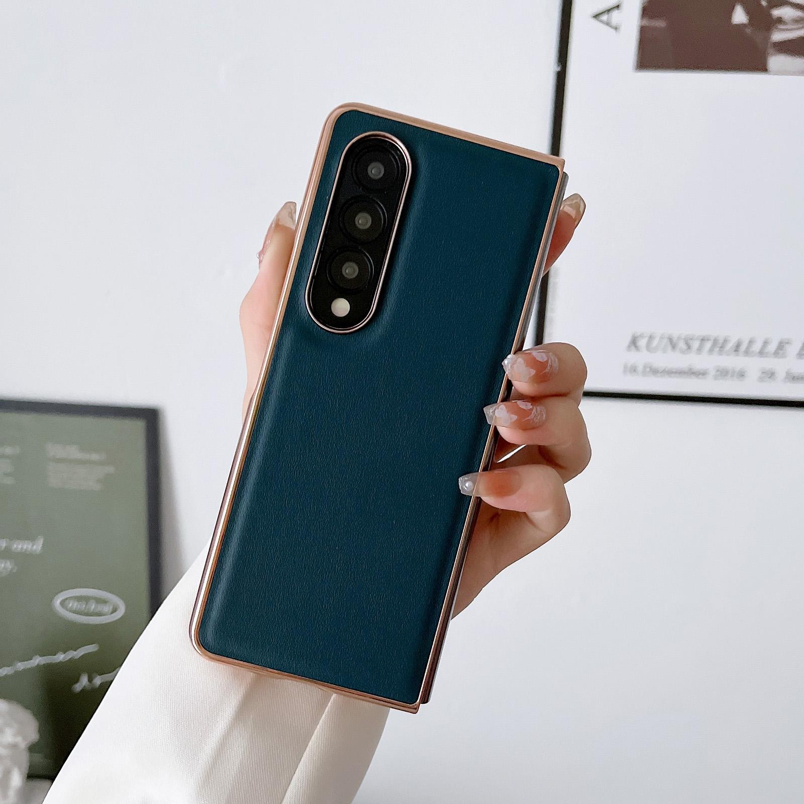For Samsung Galaxy Z Fold4 5G Xiaoya Series Genuine Leather Plating Case - Blue 3