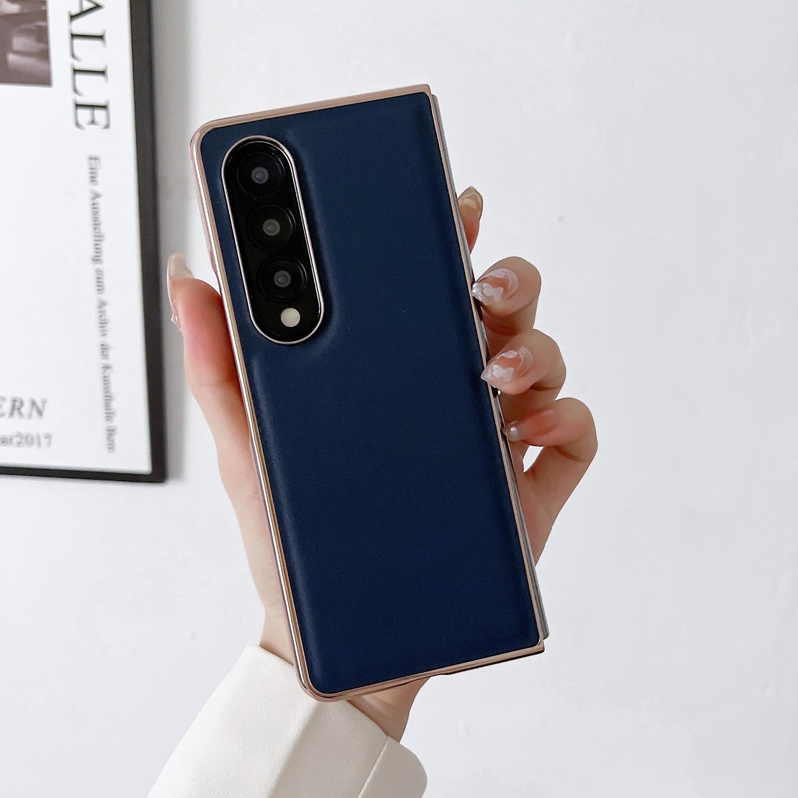 For Samsung Galaxy Z Fold4 5G Xiaoya Series Genuine Leather Plating Case - Blue 8