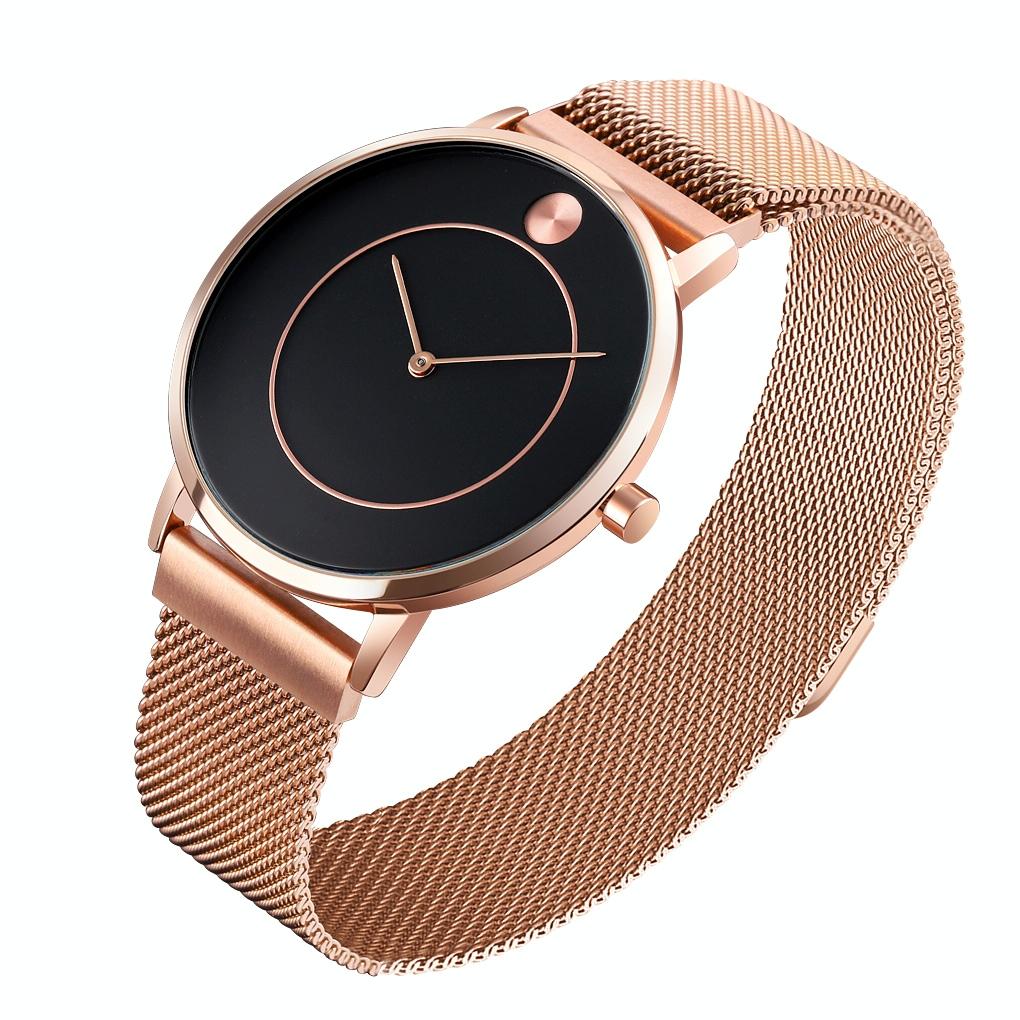 Women Metal Mesh Quartz Watch with Non-scale Dial - Rose Gold Black Surface 13