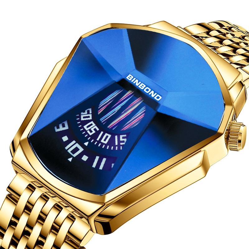 Men Diamond Dial Quartz Watch - Locomotive Concept - Full Gold Golden Surface