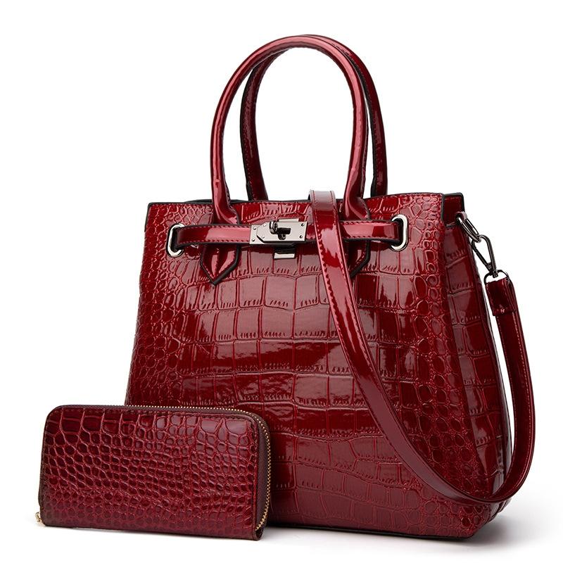 Large Capacity 2-in-1 Crocodile Patent Leather Shoulder Bag - Brown 3