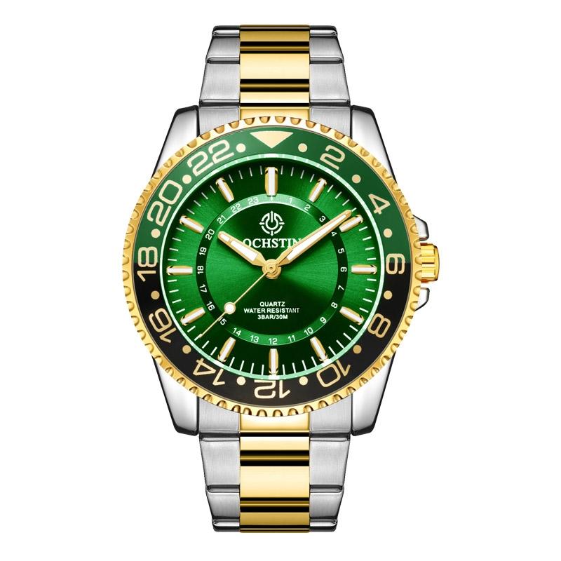 Waterproof Luminous Men Watch with Steel Strap - Multifunctional - Green + Gold