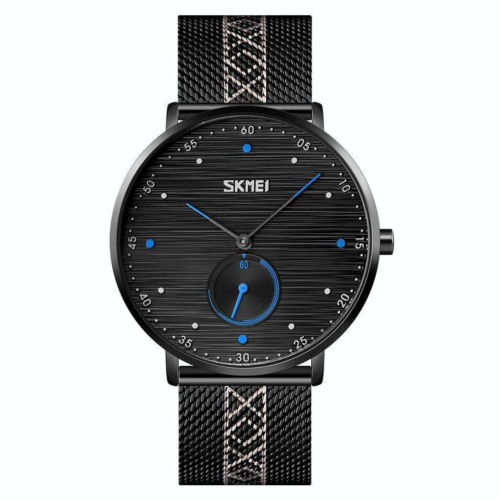 Men Striped Arabic Numeral Mesh Quartz Watch - Horizontal Design - Blue