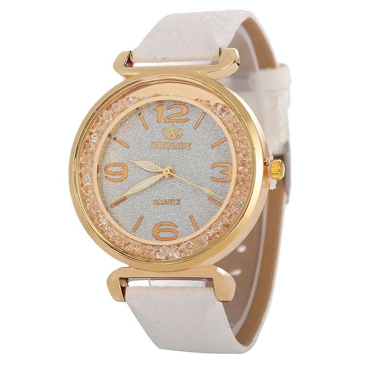 Gold Rhinestone Quartz Watch with Pu Leather Strap for Women - Brown
