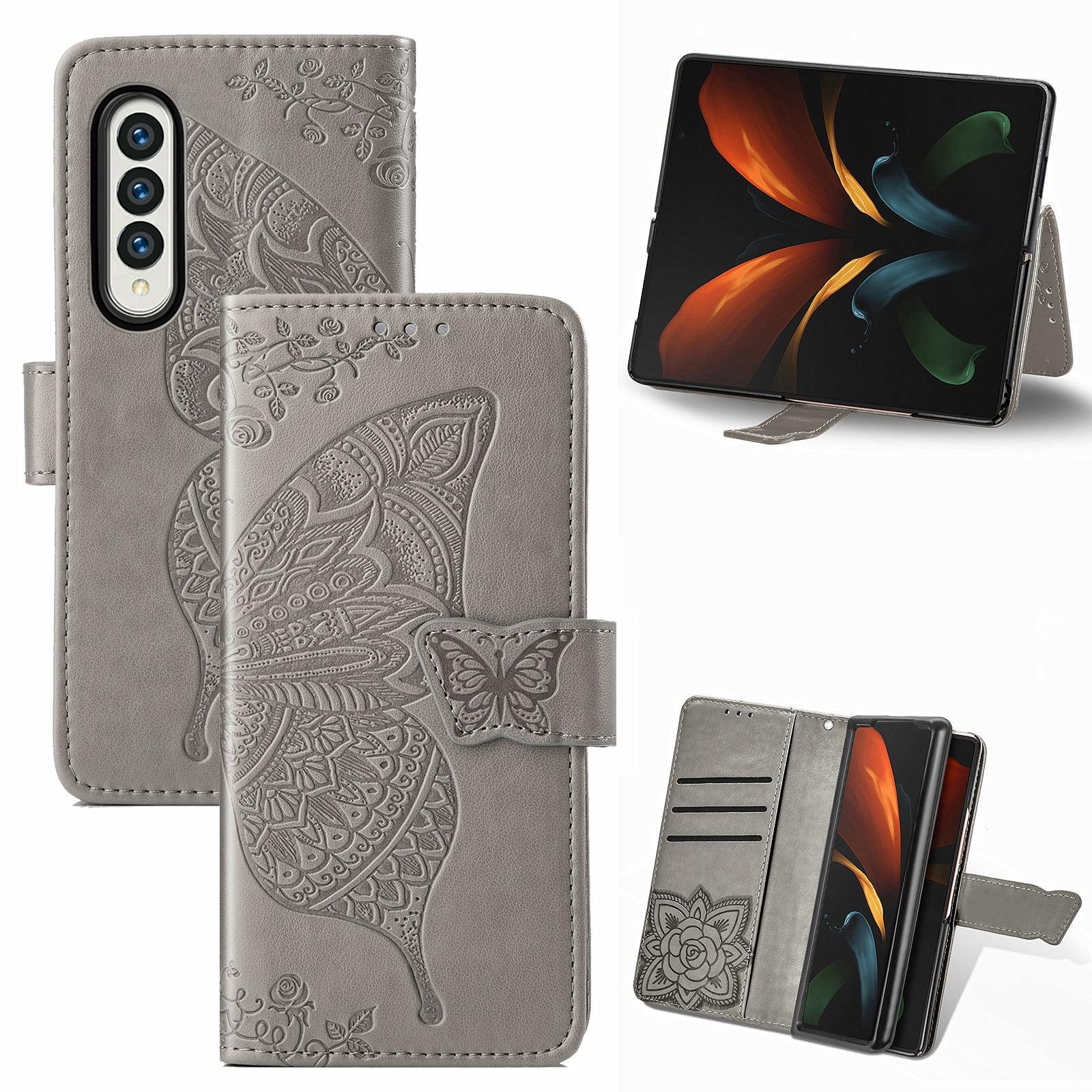 For Samsung Galaxy Z Fold4 5G Embossed Butterfly Love Leather Case - Flower Design - Pink