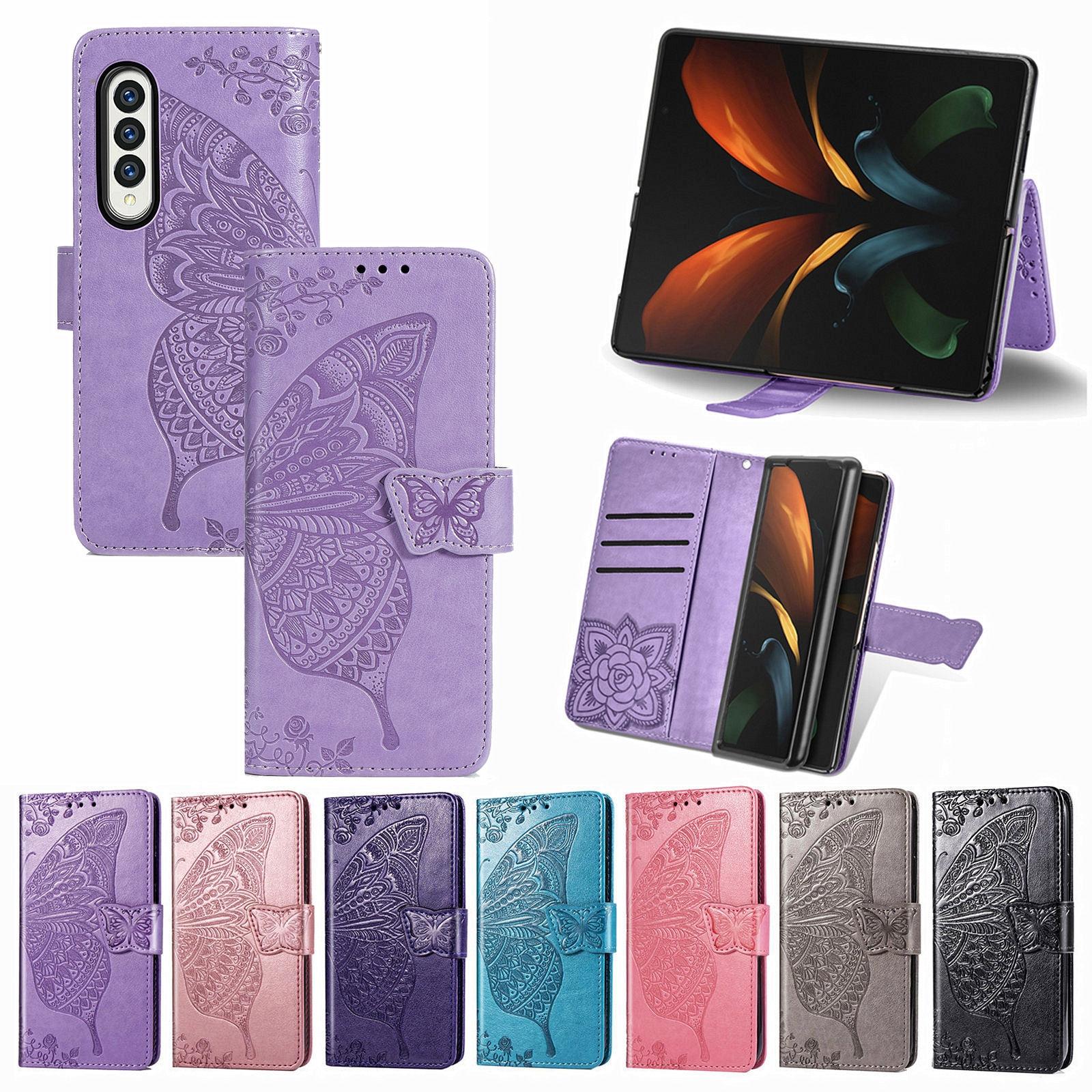 For Samsung Galaxy Z Fold4 5G Embossed Butterfly Love Leather Case - Flower Design - Pink 7