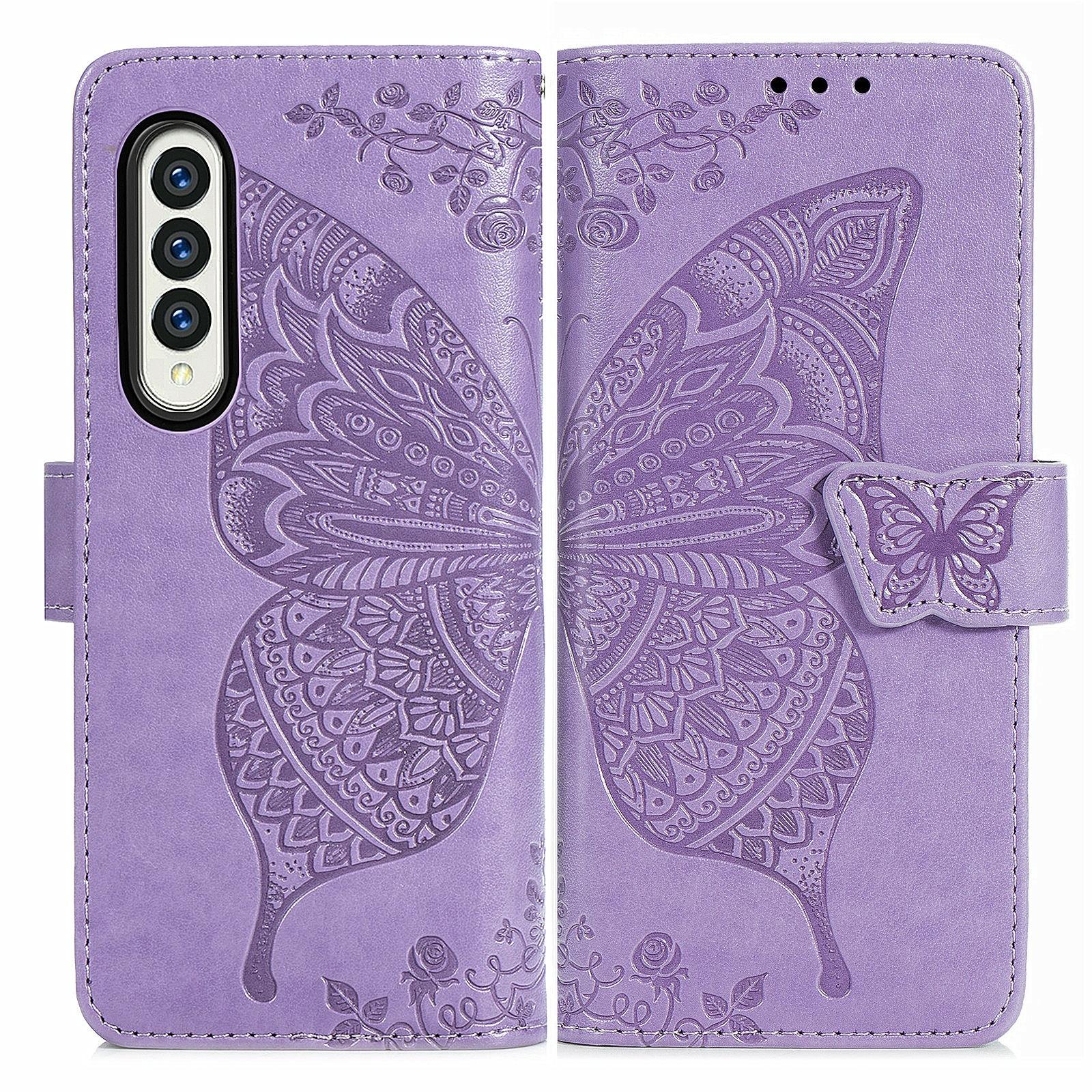 For Samsung Galaxy Z Fold4 5G Embossed Butterfly Love Leather Case - Flower Design - Pink 14