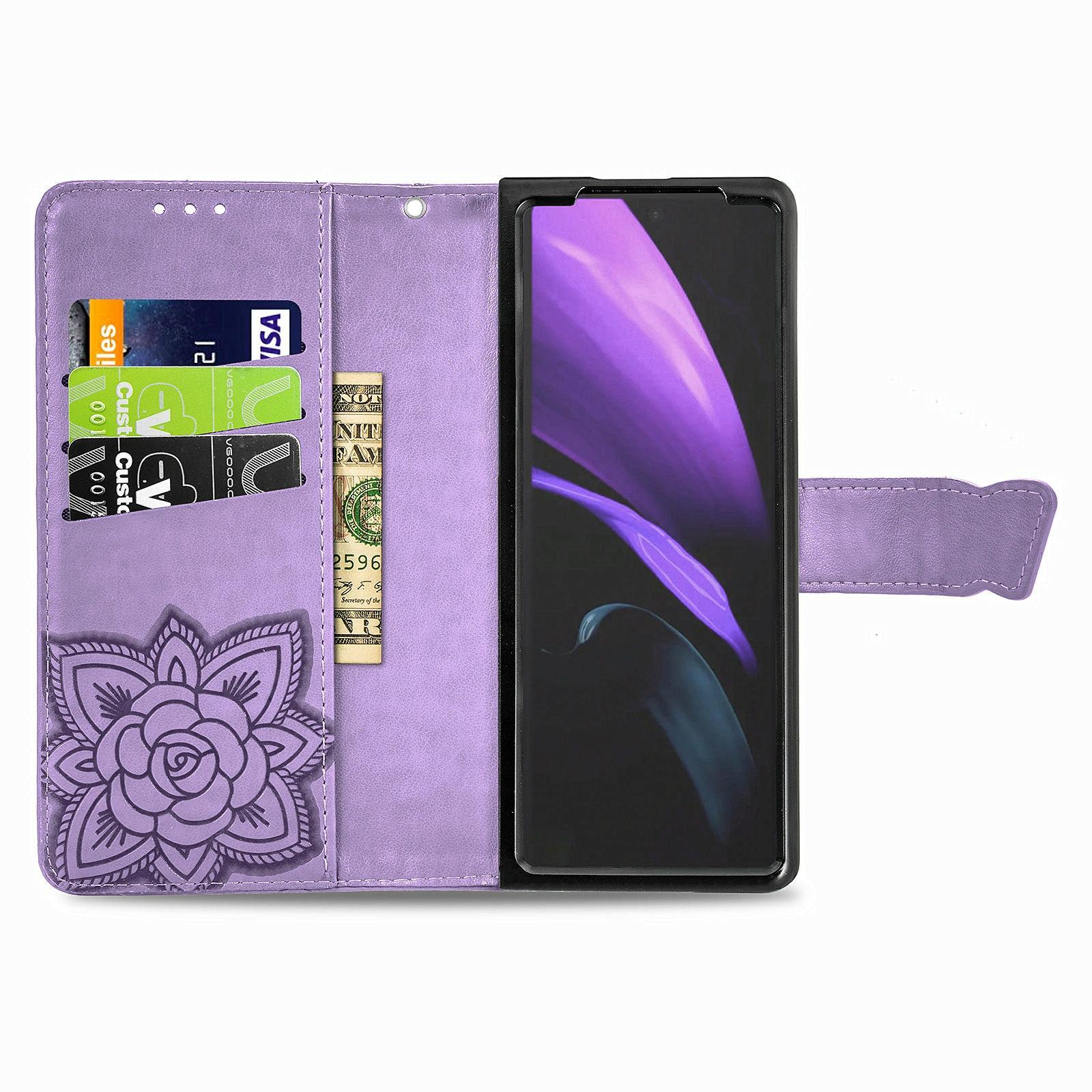 For Samsung Galaxy Z Fold4 5G Embossed Butterfly Love Leather Case - Flower Design - Pink 15