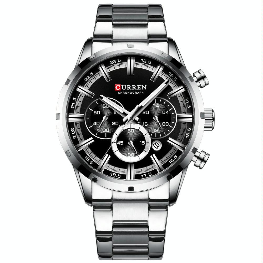 Waterproof Men Business Watch with Quartz Movement and Steel Belt - White Shell Black