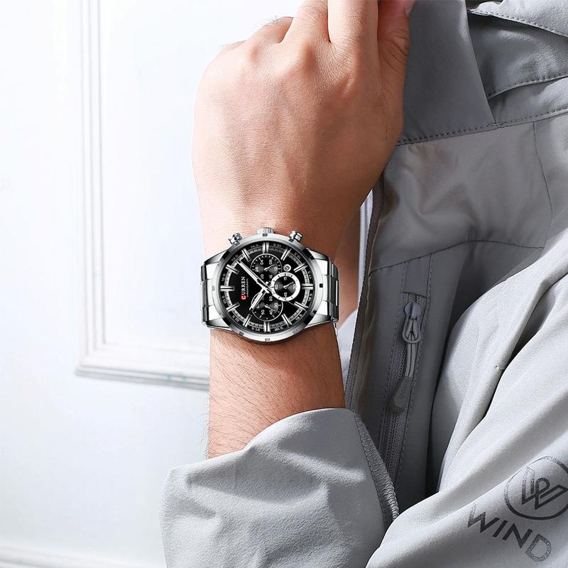 Waterproof Men Business Watch with Quartz Movement and Steel Belt - White Shell Black 3