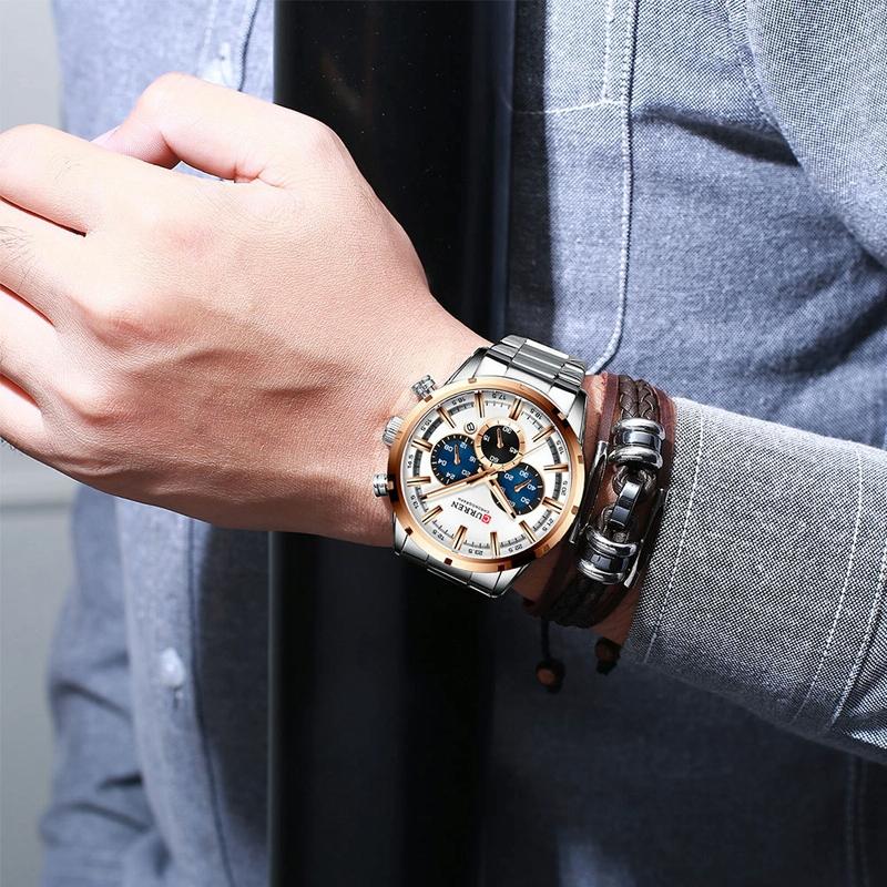 Waterproof Men Business Watch with Quartz Movement and Steel Belt - White Shell Black 10
