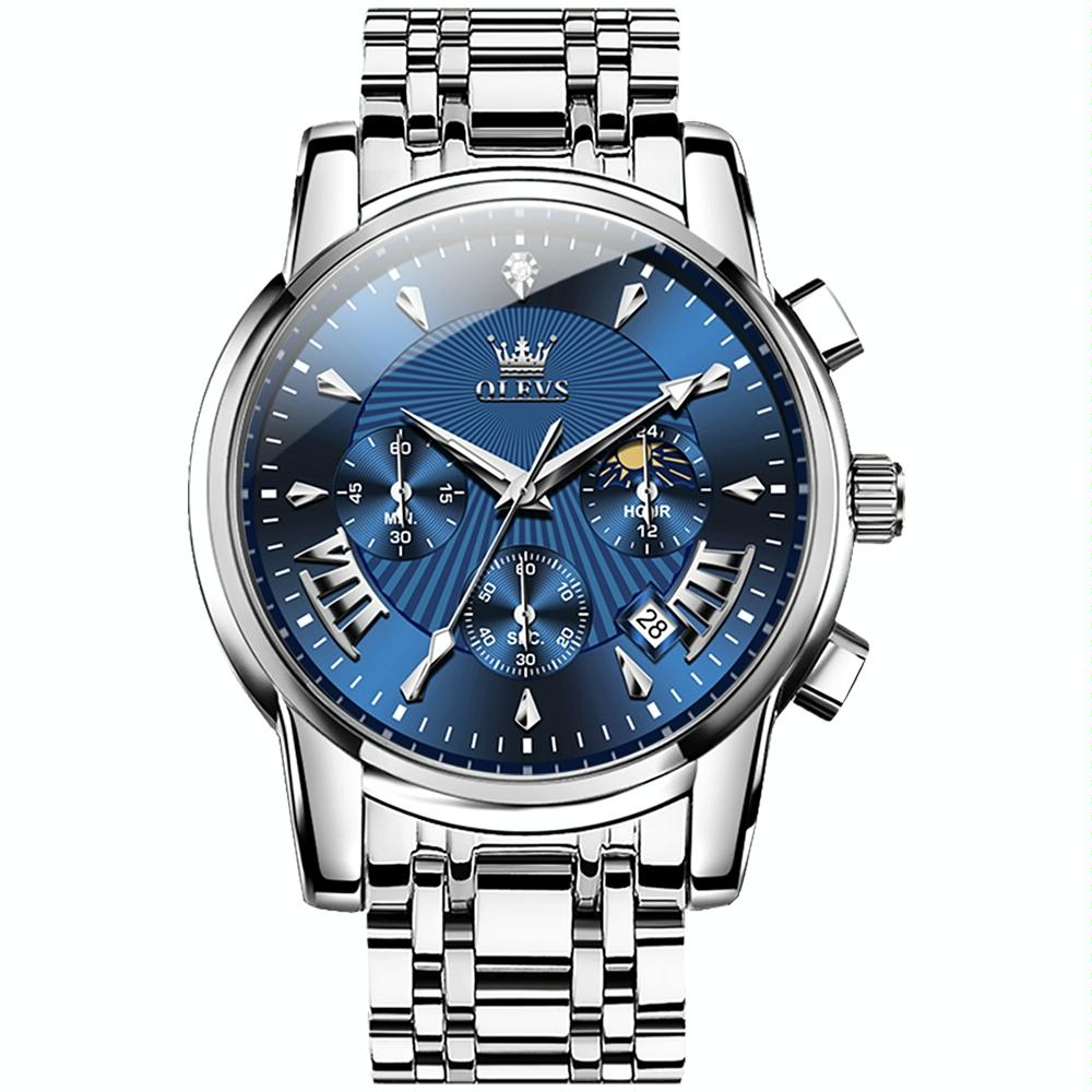 Waterproof Men Quartz Watch - Multifunctional Business Design - Blue + Silver