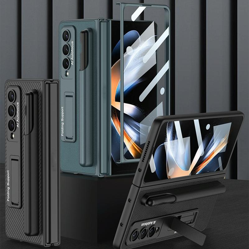 For Samsung Galaxy Z Fold4 5G Leather Case With Holder & Pen Slots - Thin & Shockproof - Dark Night Green