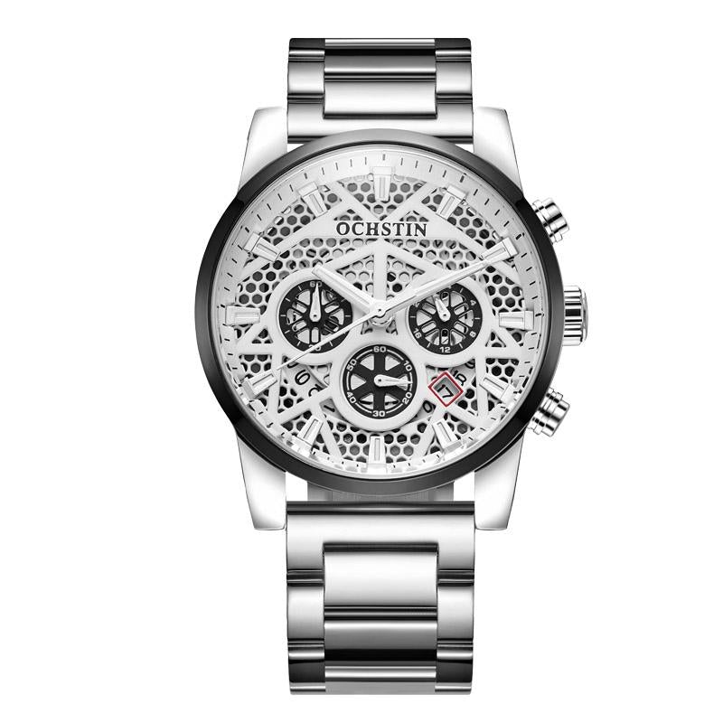 Waterproof Multifunctional Men Watch with Quartz Movement and Steel Strap - Silver White