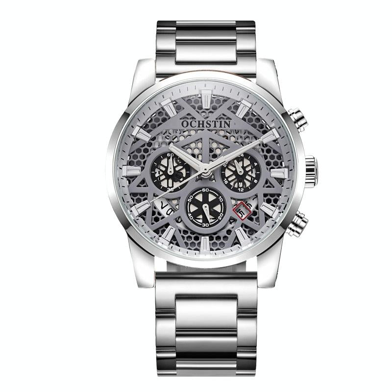 Waterproof Multifunctional Men Watch with Quartz Movement and Steel Strap - Silver White