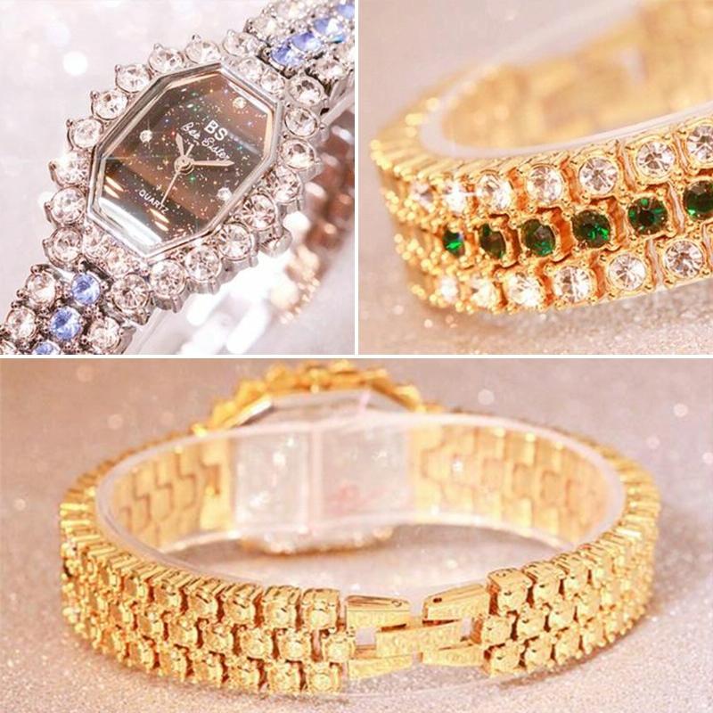 Women Diamond Plated Octagonal Quartz Watch with Rhinestone Bracelet - Rose Gold Coffee Diamond 4