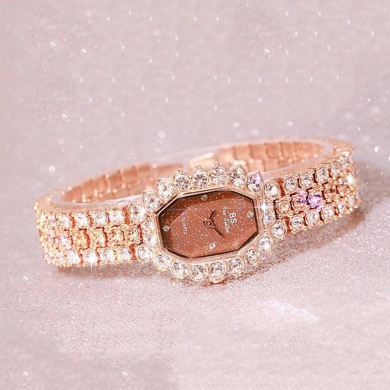 Women Diamond Plated Octagonal Quartz Watch with Rhinestone Bracelet - Rose Gold Coffee Diamond 7